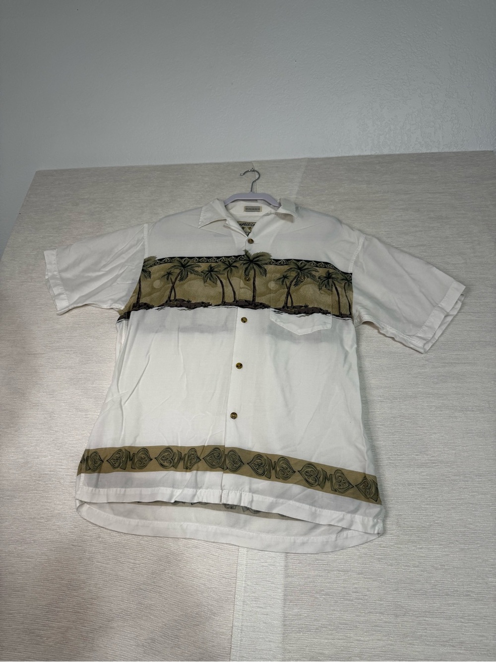 BAMBOO White Short-Sleeve Button-Down Shirt with Olive Palm Border